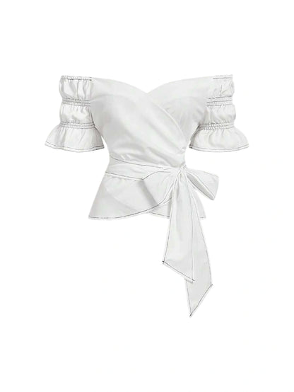 One Shoulder Crop Top White Shirt With Bow Tie In Front Sexy Shirt Vacation Wear Summer Shirt Valentines Day