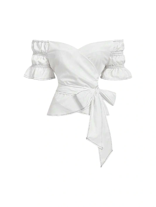 One Shoulder Crop Top White Shirt With Bow Tie In Front Sexy Shirt Vacation Wear Summer Shirt Valentines Day