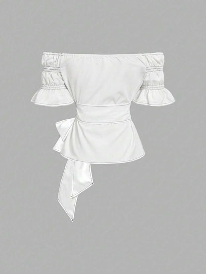 One Shoulder Crop Top White Shirt With Bow Tie In Front Sexy Shirt Vacation Wear Summer Shirt Valentines Day