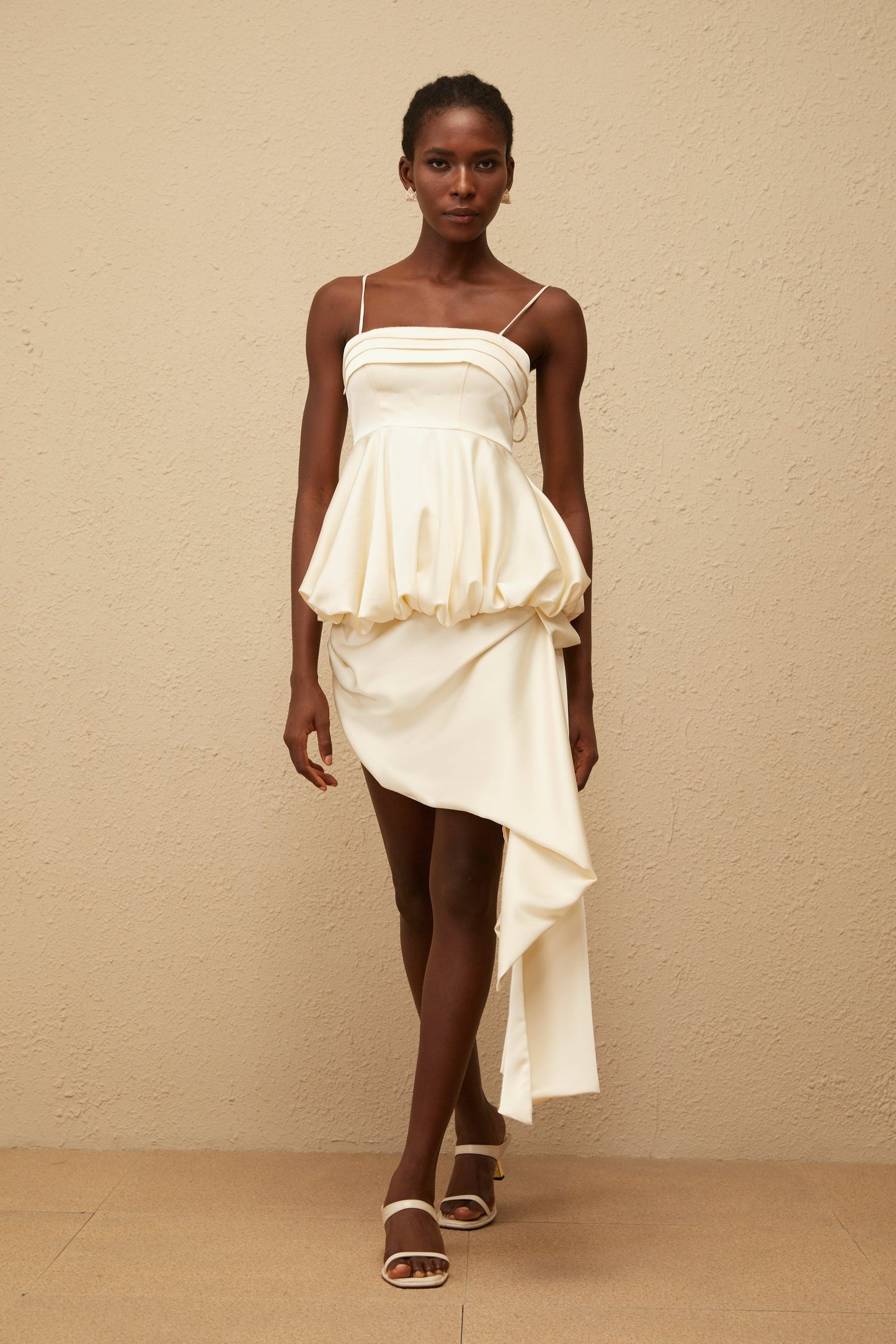Opale Neutral Asymmetrical Satin Mini Dress
