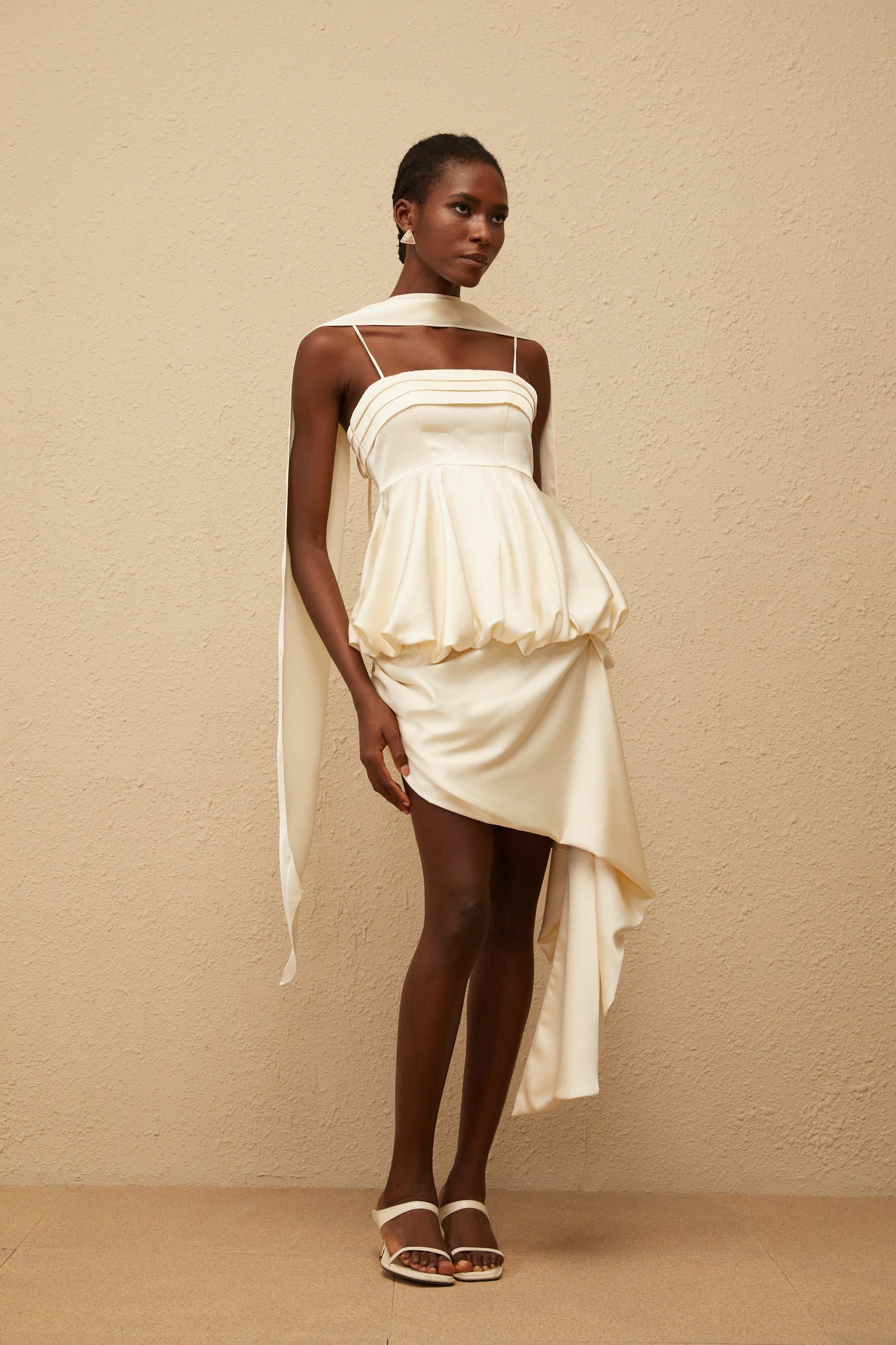 Opale Neutral Asymmetrical Satin Mini Dress