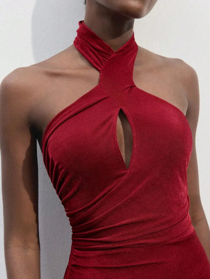 Open Back Halter Neck Fitted Long Red Dress For Women