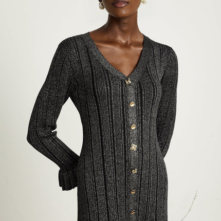 Ophélie black flounced metallic midi dress