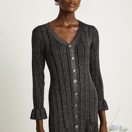 Ophélie black flounced metallic midi dress