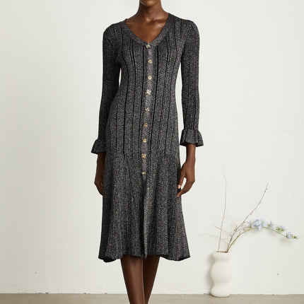 Ophélie black flounced metallic midi dress