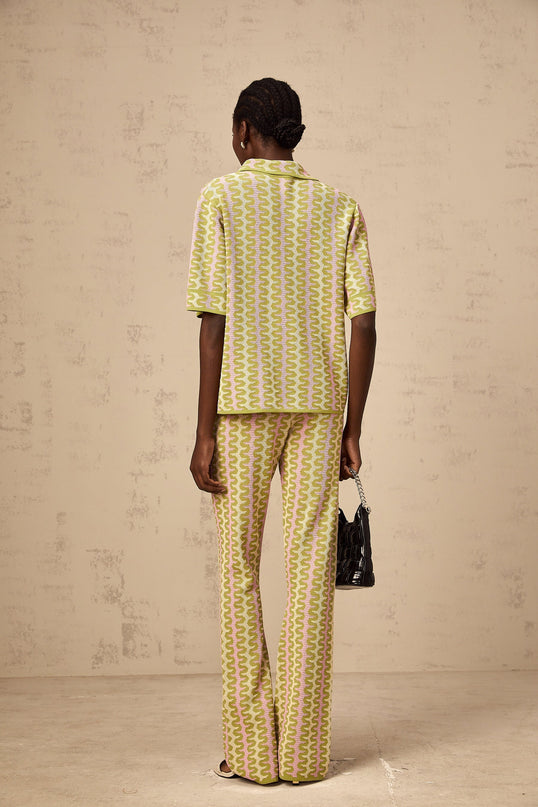 Ophélie green colorblock knitted shirt  trousers matching set