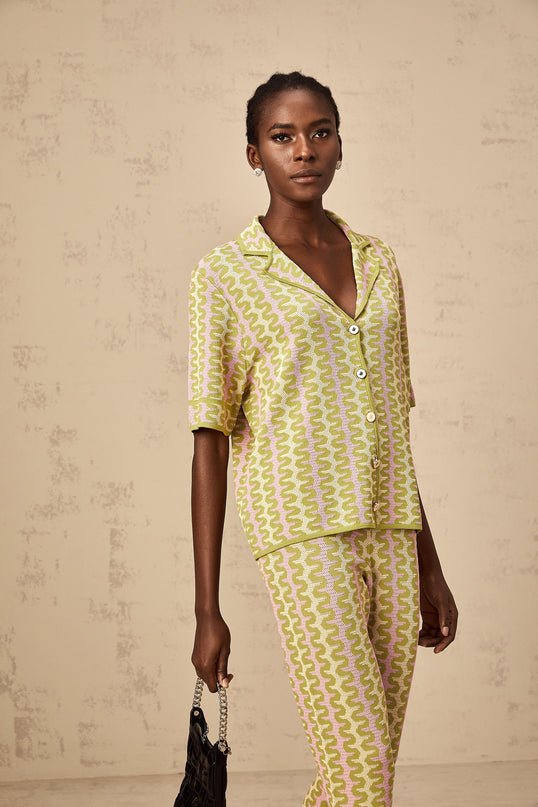 Ophélie green colorblock knitted shirt  trousers matching set
