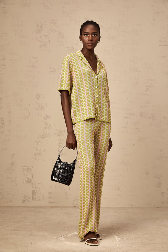 Ophélie green colorblock knitted shirt  trousers matching set