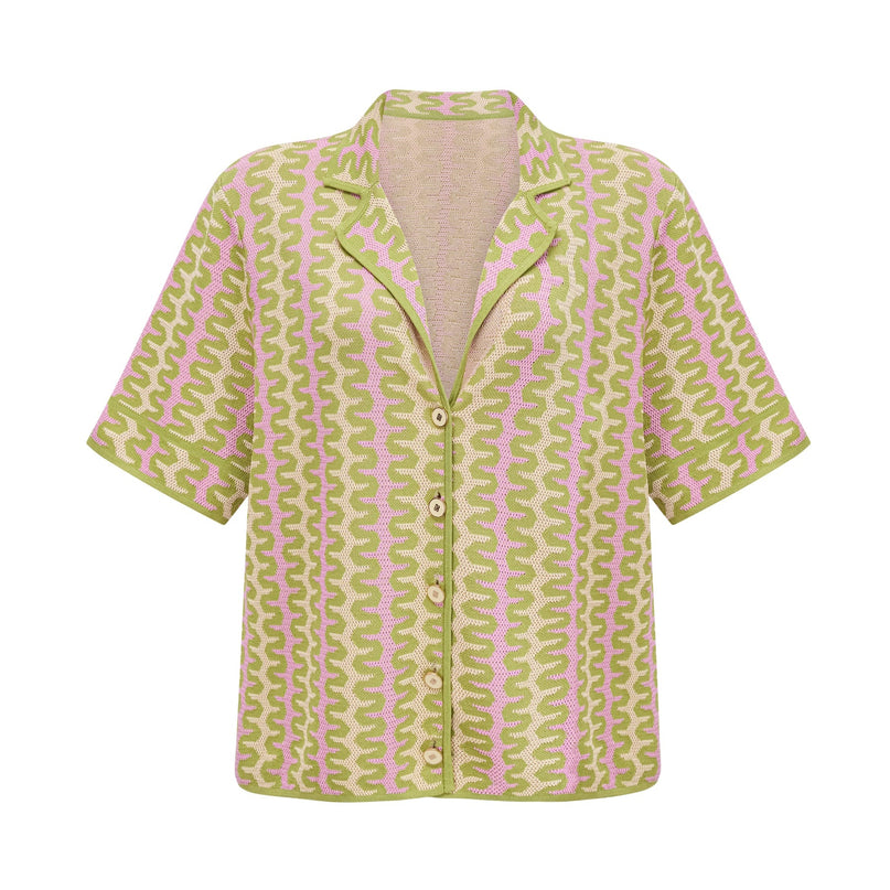 Ophélie green colorblock knitted shirt  trousers matching set