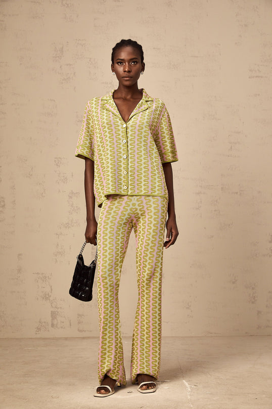 Ophélie green colorblock knitted shirt  trousers matching set