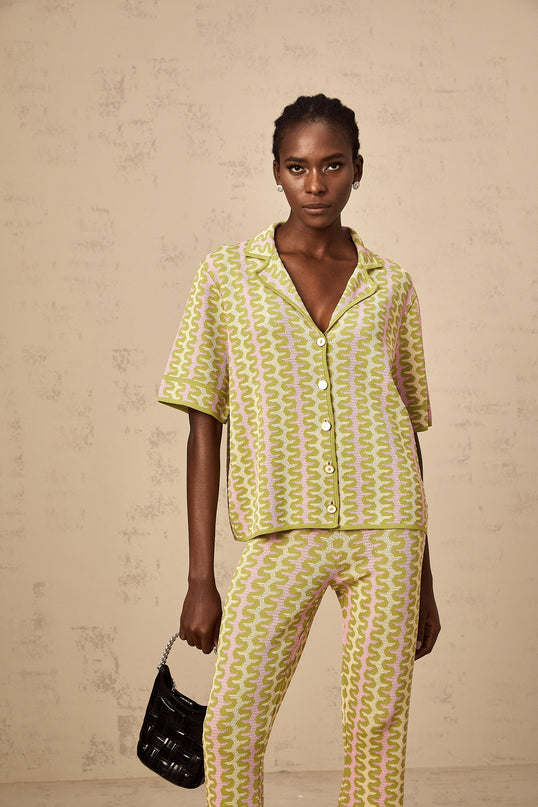 Ophélie green colorblock knitted shirt  trousers matching set