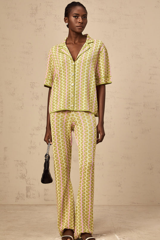 Ophélie green colorblock knitted shirt  trousers matching set