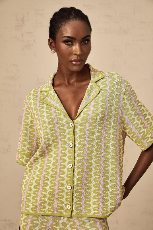 Ophélie green colorblock knitted shirt  trousers matching set