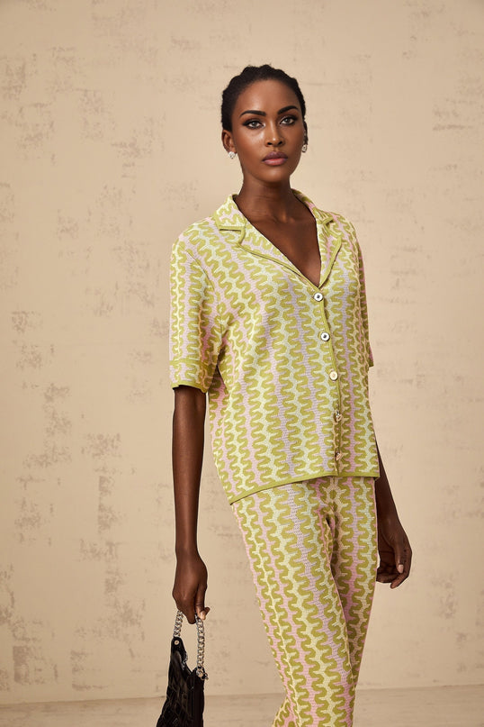 Ophélie green colorblock knitted shirt  trousers matching set