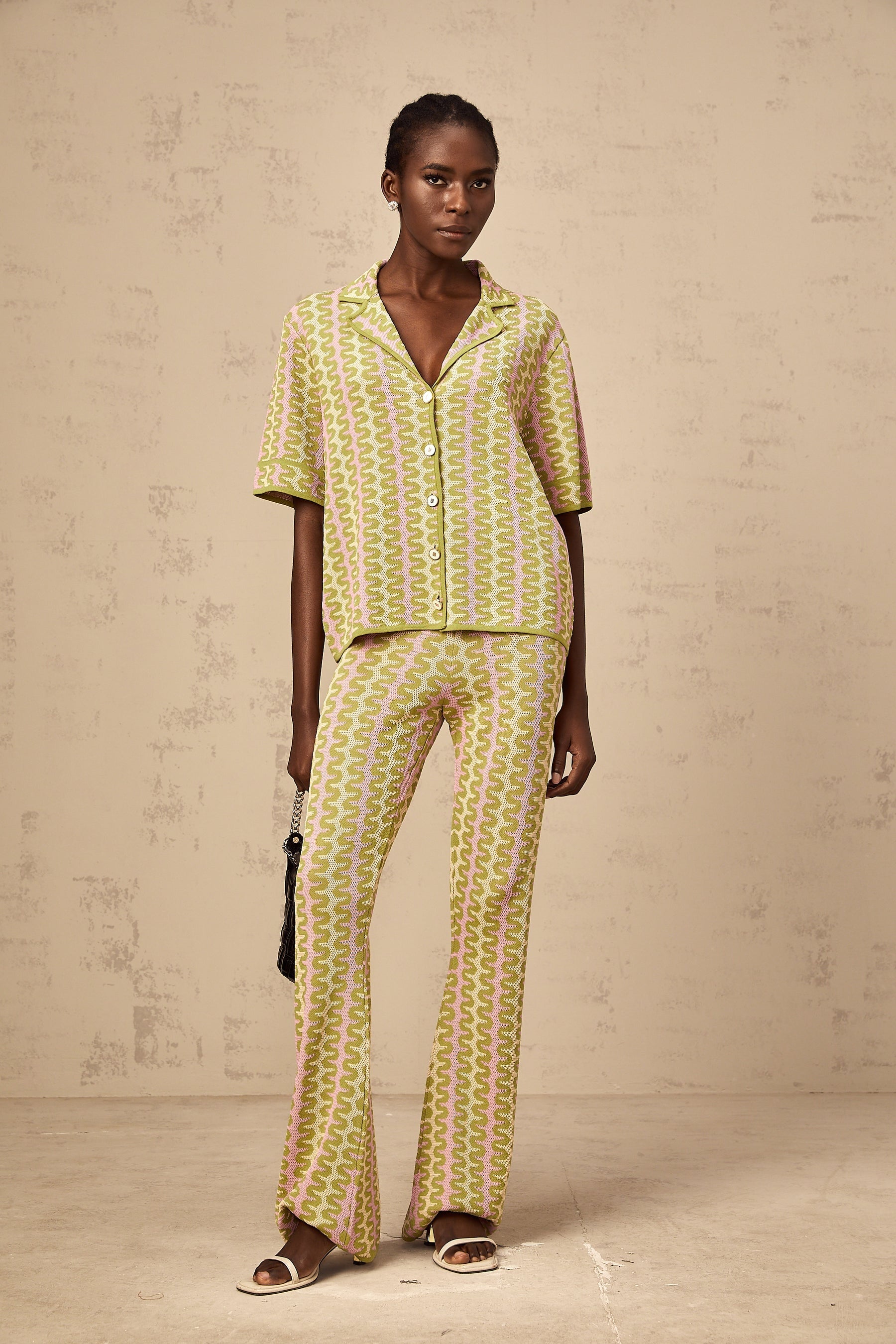 Ophélie green colorblock knitted shirt  trousers matching set