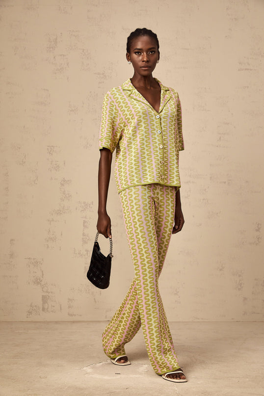 Ophélie green colorblock knitted shirt  trousers matching set