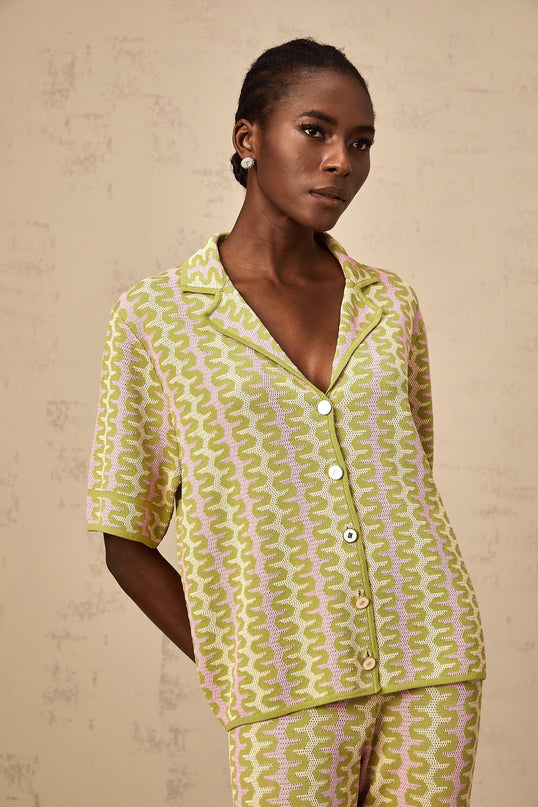 Ophélie green colorblock knitted shirt  trousers matching set