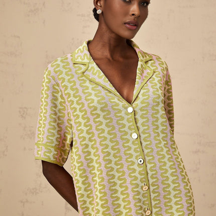 Ophélie Green and Pink Color-Block Knitted Shirt and Trousers Set