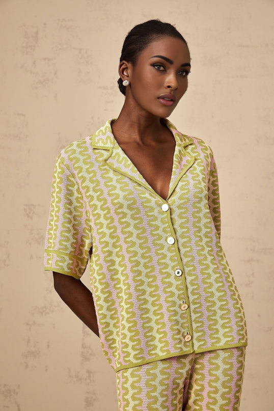 Ophélie Green and Pink Color-Block Knitted Shirt and Trousers Set