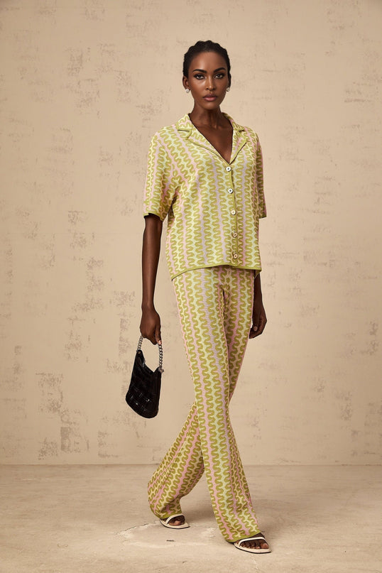 Ophélie Green and Pink Color-Block Knitted Shirt and Trousers Set