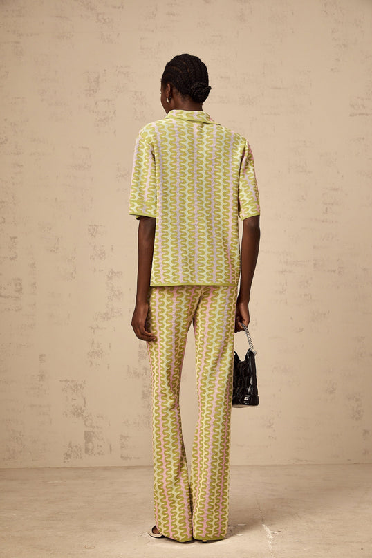 Ophélie Green and Pink Color-Block Knitted Shirt and Trousers Set