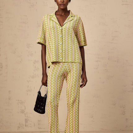 Ophélie Green and Pink Color-Block Knitted Shirt and Trousers Set