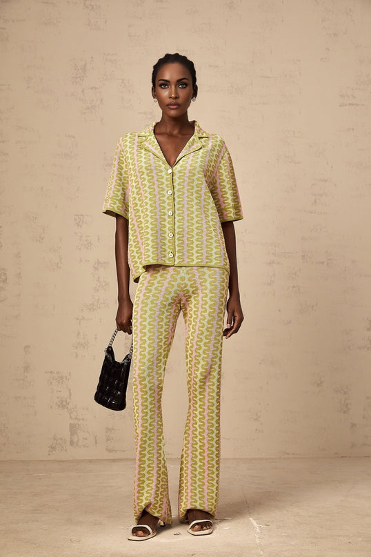Ophélie Green and Pink Color-Block Knitted Shirt and Trousers Set