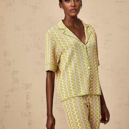 Ophélie Green and Pink Color-Block Knitted Shirt and Trousers Set