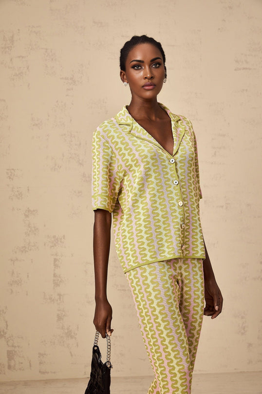 Ophélie Green and Pink Color-Block Knitted Shirt and Trousers Set