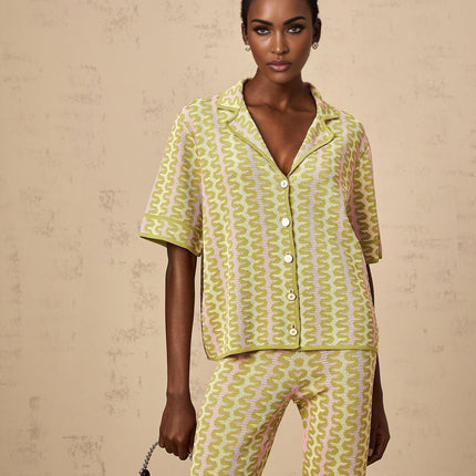 Ophélie Green and Pink Color-Block Knitted Shirt and Trousers Set