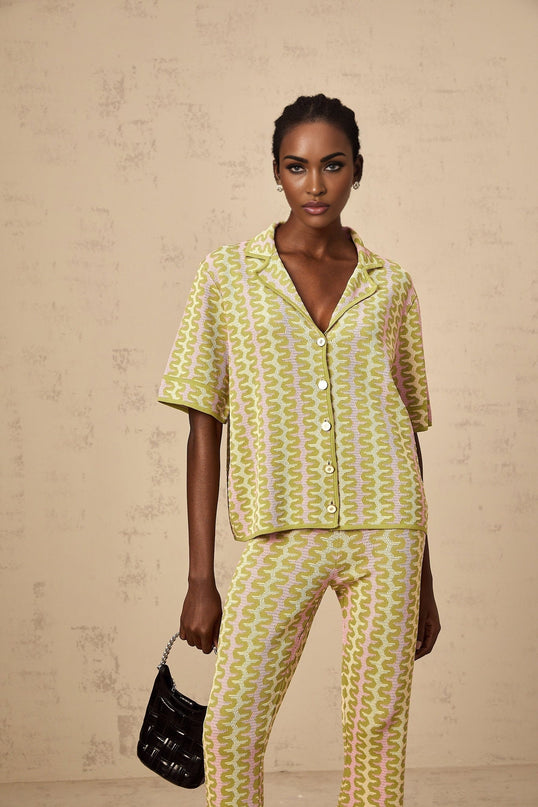 Ophélie Green and Pink Color-Block Knitted Shirt and Trousers Set