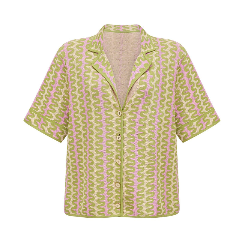Ophélie Green and Pink Color-Block Knitted Shirt and Trousers Set