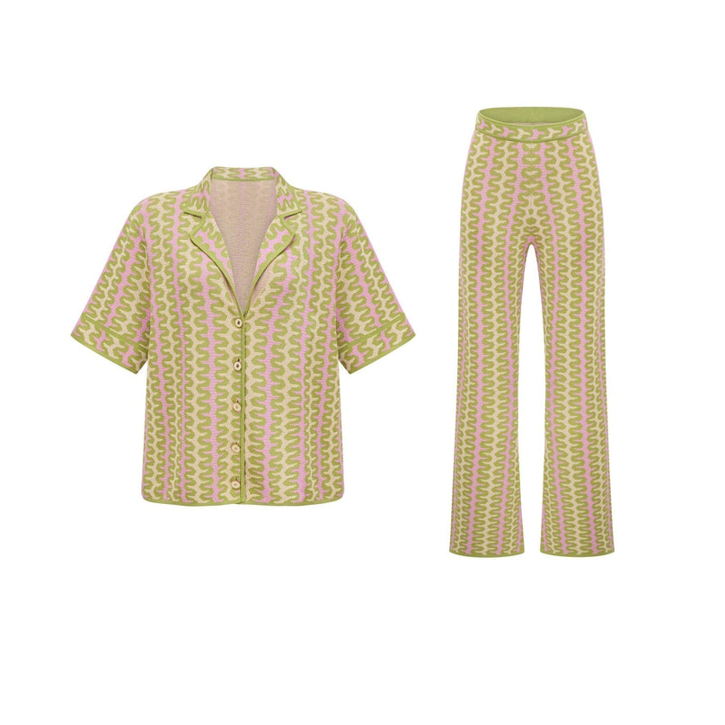 Ophélie Green and Pink Color-Block Knitted Shirt and Trousers Set