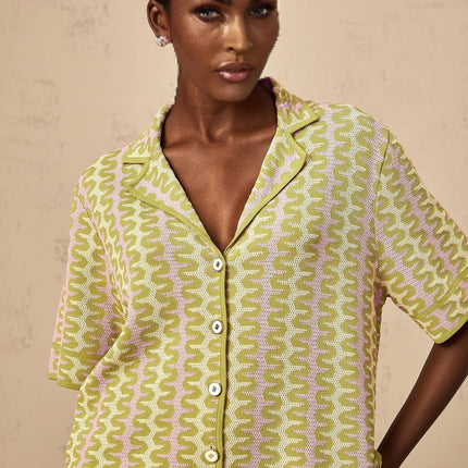 Ophélie Green and Pink Color-Block Knitted Shirt and Trousers Set