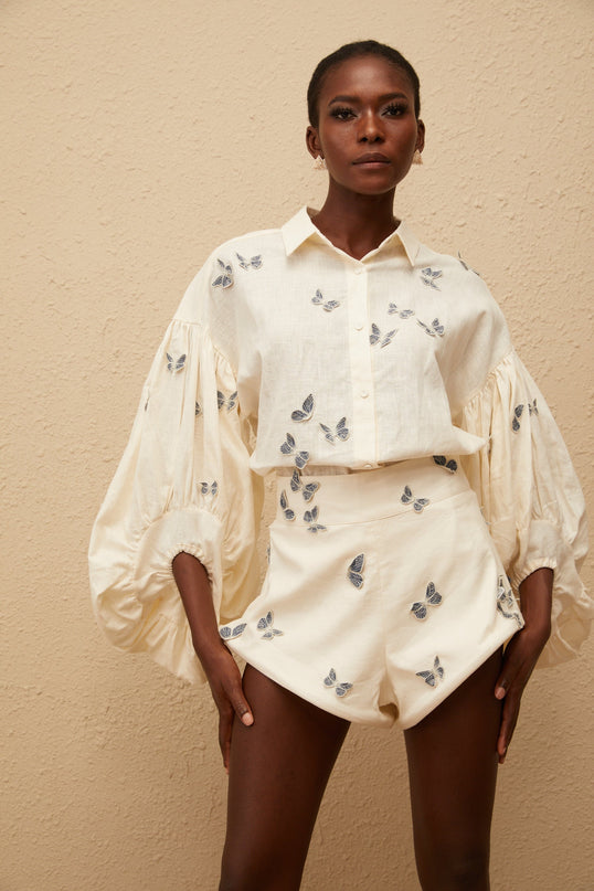 Ophélie White Butterfly Embroidered Shirt  Shorts Set