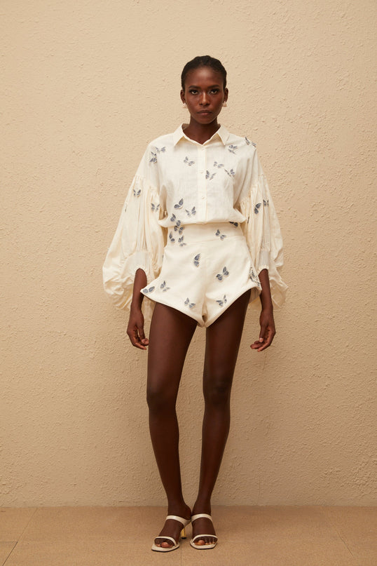 Ophélie White Butterfly Embroidered Shirt  Shorts Set