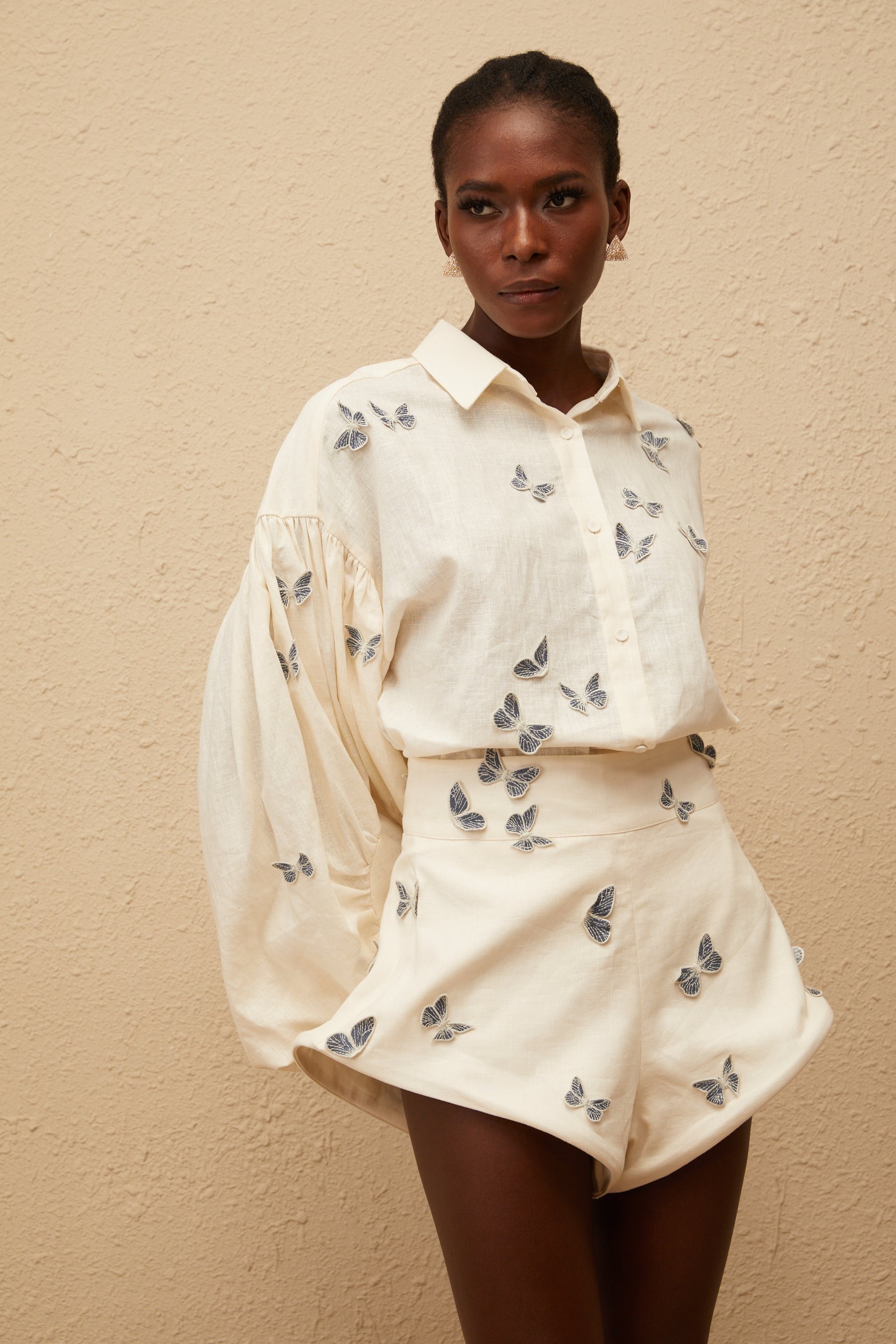 Ophélie White Butterfly Embroidered Shirt  Shorts Set