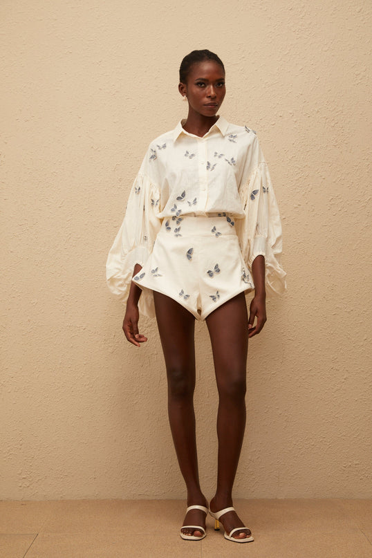 Ophélie White Butterfly Embroidered Shirt  Shorts Set