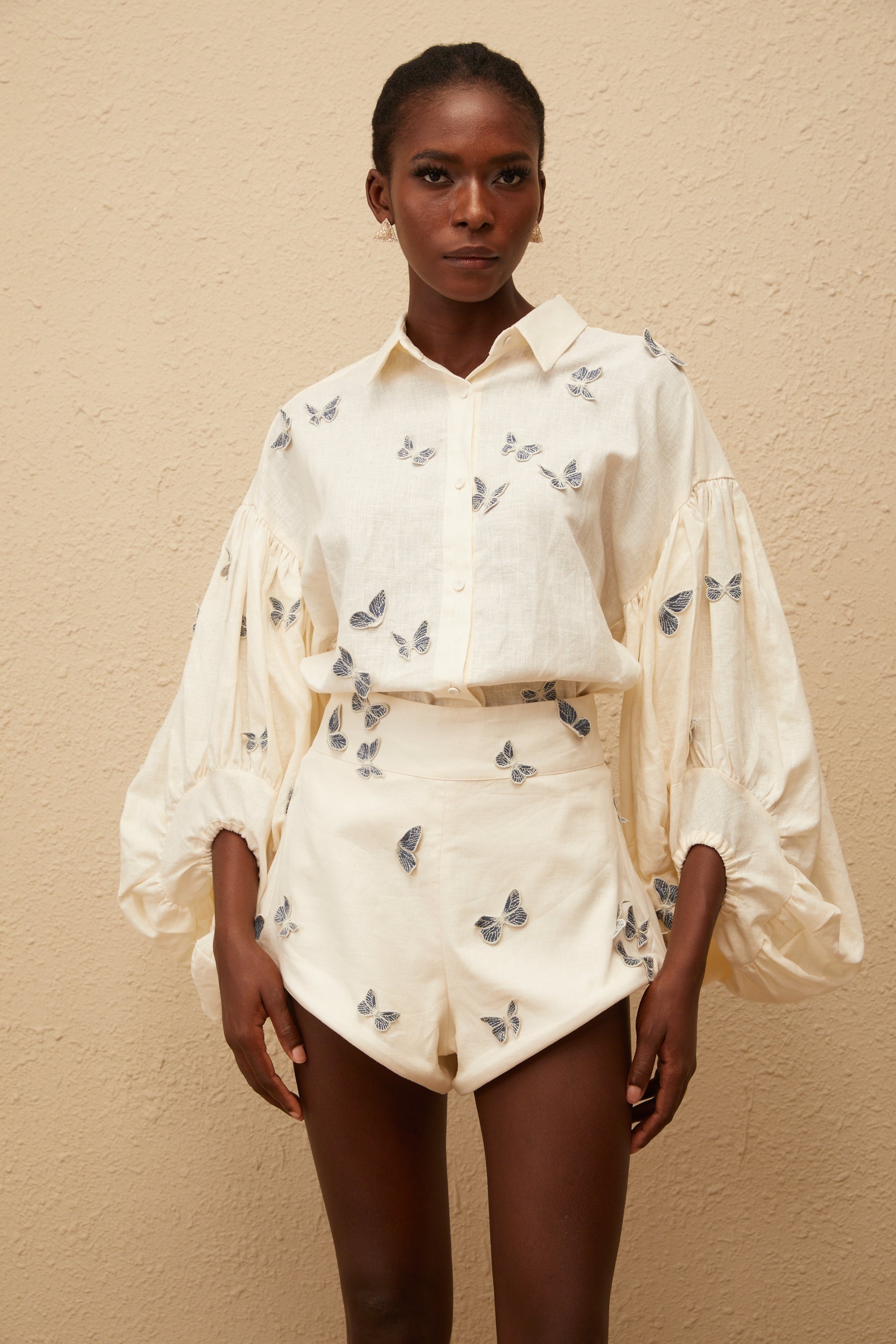 Ophélie White Butterfly Embroidered Shirt  Shorts Set