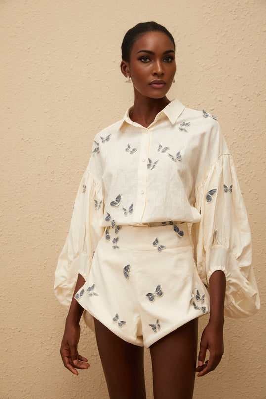 Ophélie White Butterfly Embroidered Shirt  Shorts Set