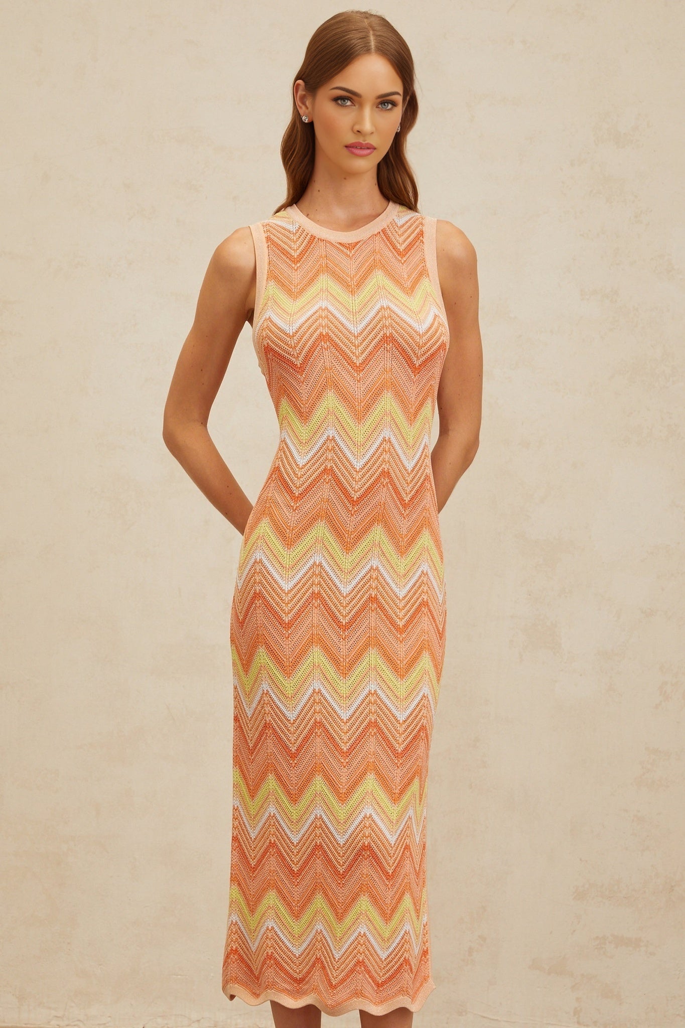 Orange Chevron Knit Sleeveless Midi Dress with Side Slit