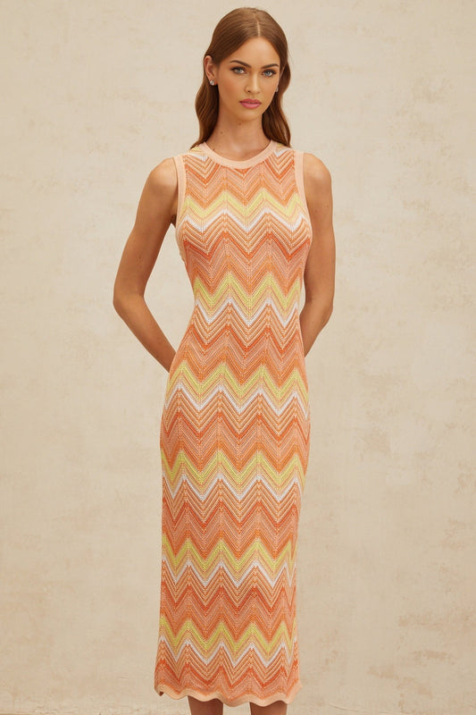 Orange Chevron Knit Sleeveless Midi Dress with Side Slit