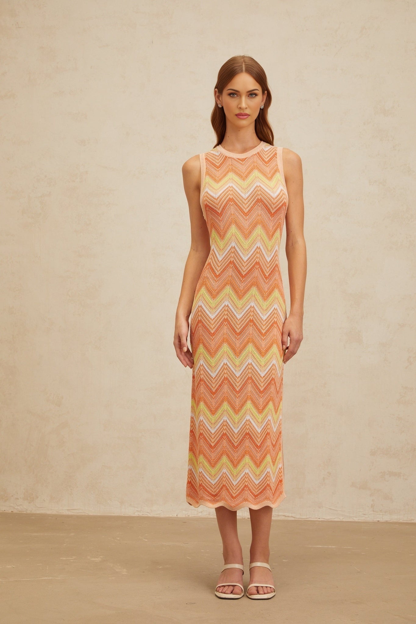 Orange Chevron Knit Sleeveless Midi Dress