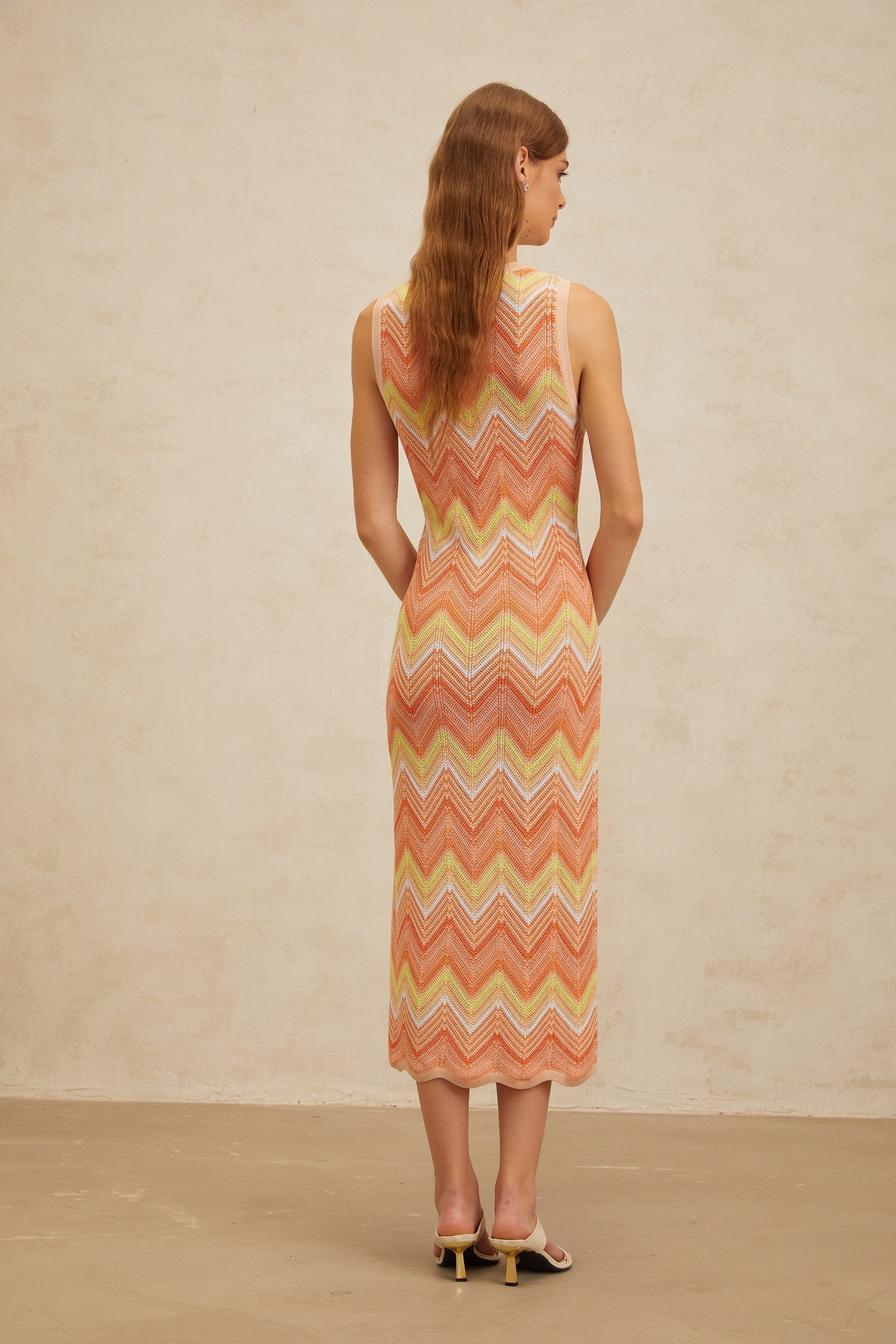 Orange Chevron Knit Sleeveless Midi Dress