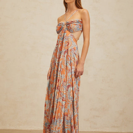 Orange Floral Print Halterneck Maxi Dress with Cut-out Design