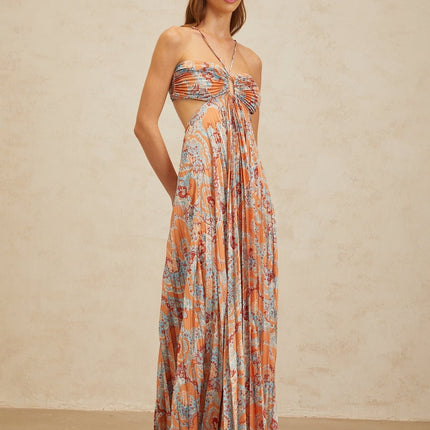 Orange floral print halterneck maxi dress with cut-out design and bustier style