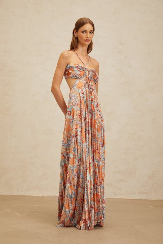 Orange floral print halterneck maxi dress with cut-out design and bustier style