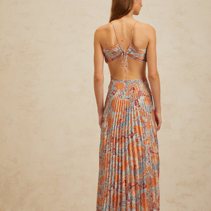 Orange floral print halterneck maxi dress with cut-out design and bustier style