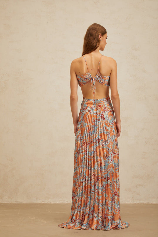 Orange floral print halterneck maxi dress with cut-out design and bustier style