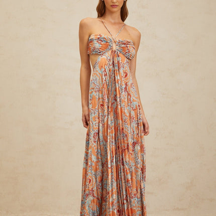 Orange Floral Print Halterneck Maxi Dress with Cut-out Design